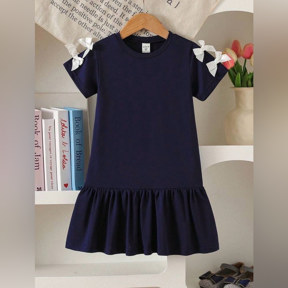 252. SHEIN Dark Blue Kids Dress with Bow Details Size 5